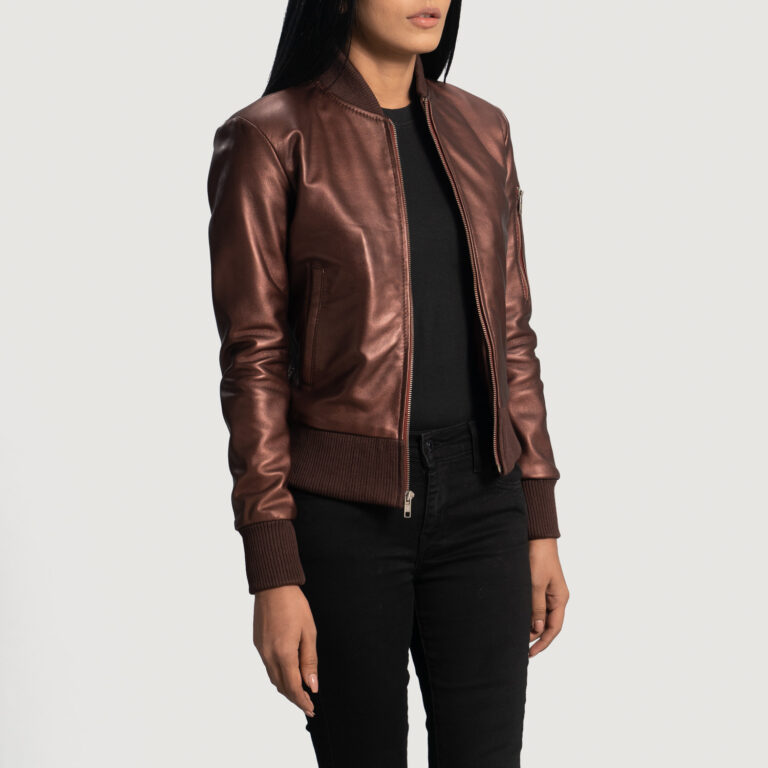 Womens Reida Maroon Leather Bomber Jacket Side Pose-3-1664354596098